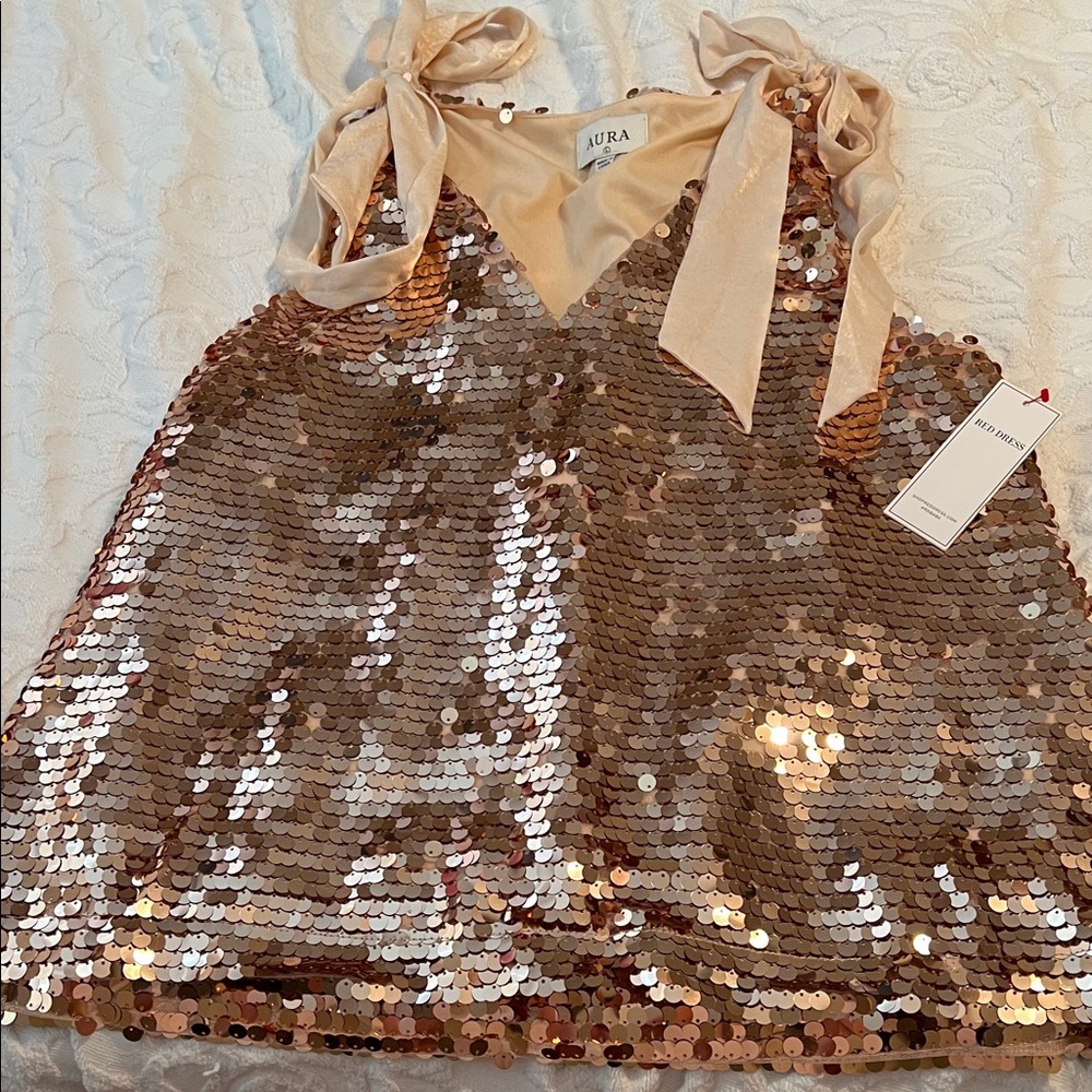 Aura Rose Gold Sequin boutique top with Bow Straps by Reddress